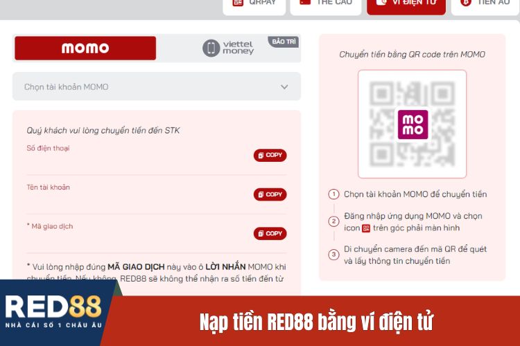 Nạp tiền RED88 bằng ví điện tử